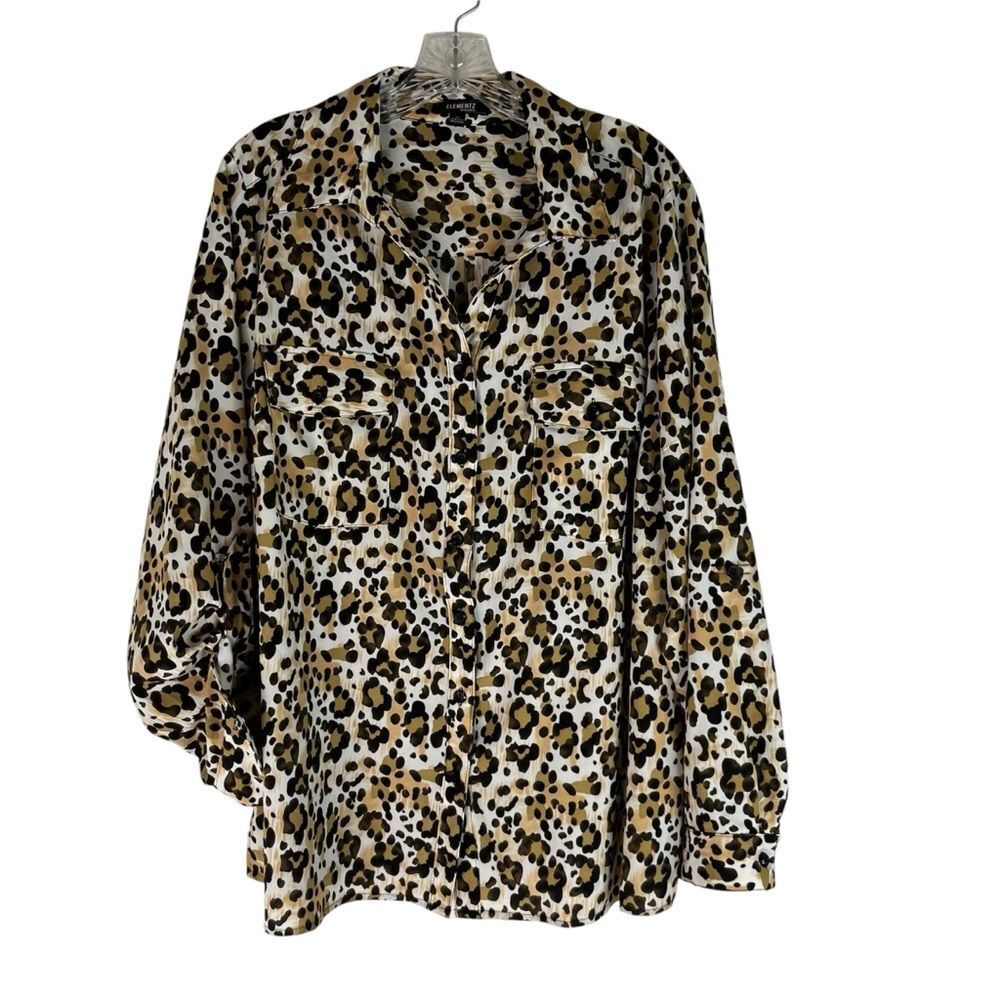Elementz Button Down Shirt Women’s Brown Black Animal Cheetah Roll Tab Sleeve 2X